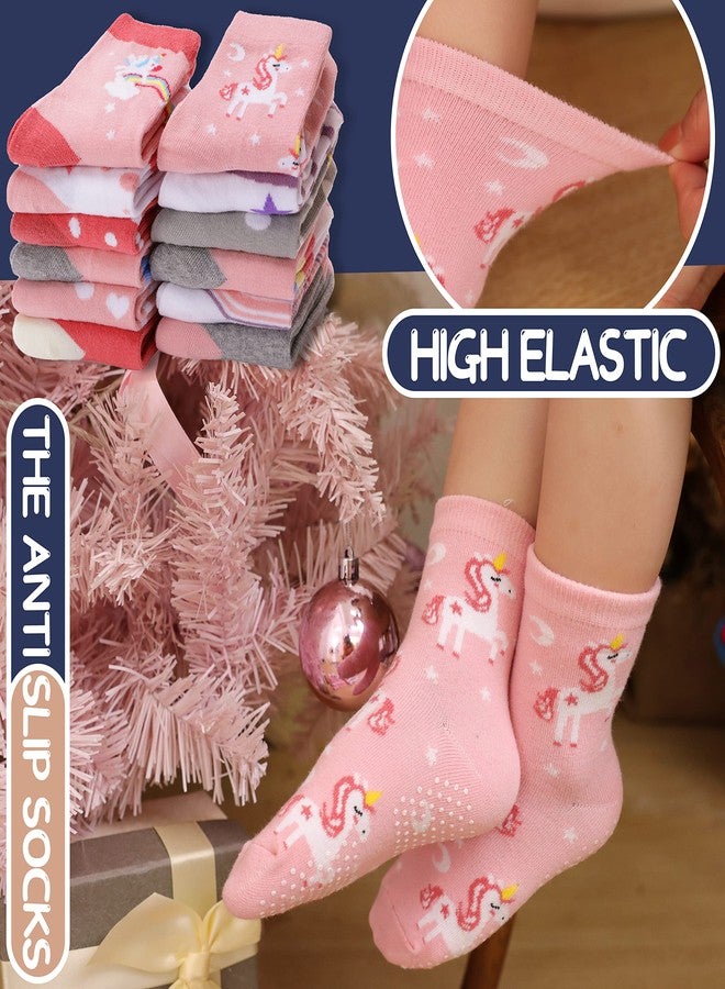 ANTSANG Baby Girls Toddlers Grips Socks Kids Non Slip/Anti Skid Unicorn Striped Crew Cotton Socks 12 Pairs Gift Stocking Stuffers (Girl's-Unicorn Pink(12 Pairs),3-5 Y) - Image 2